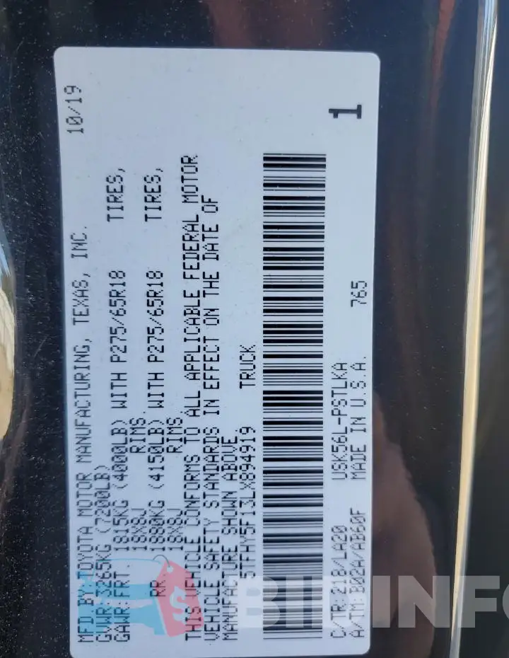 5TFHY5F13LX894919 Photo# 12