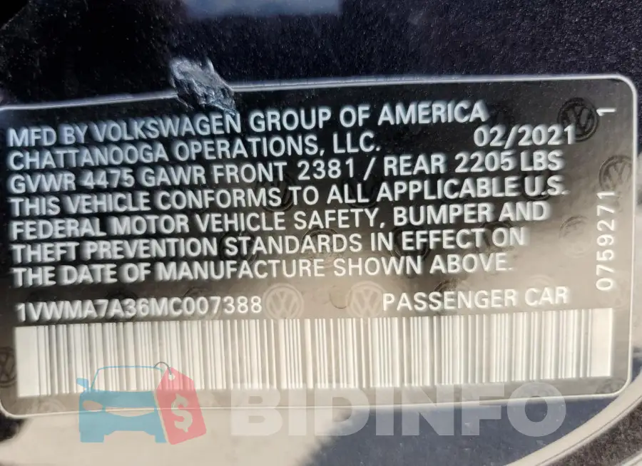 1VWMA7A36MC007388 Photo# 12