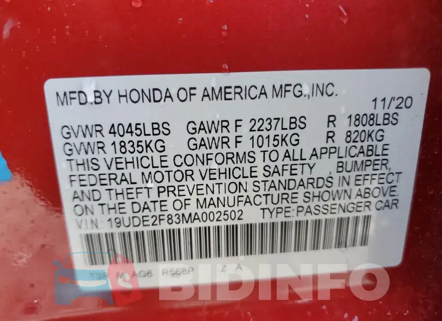 19UDE2F83MA002502 Photo# 12