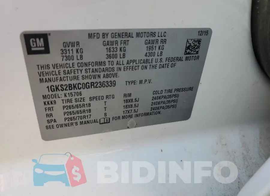 1GKS2BKC0GR236339 Photo# 14