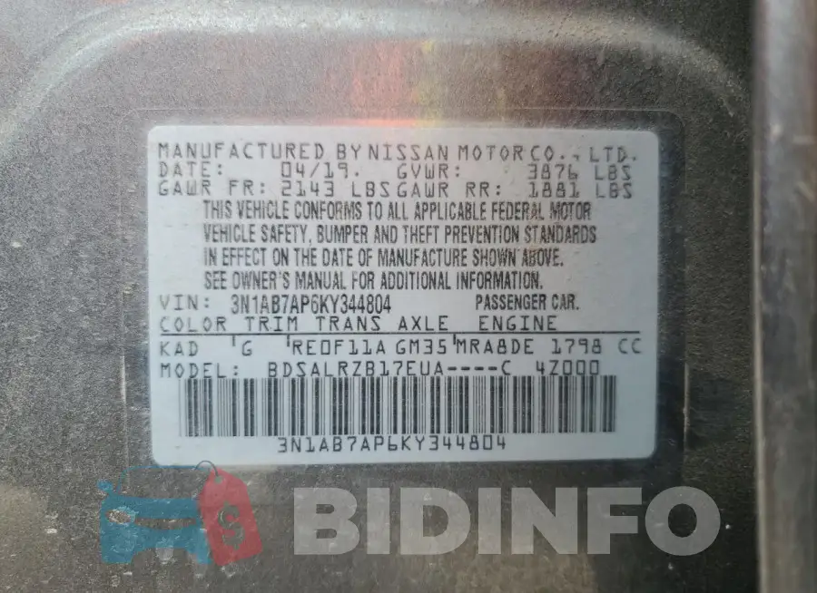 3N1AB7AP6KY344804 Photo# 13
