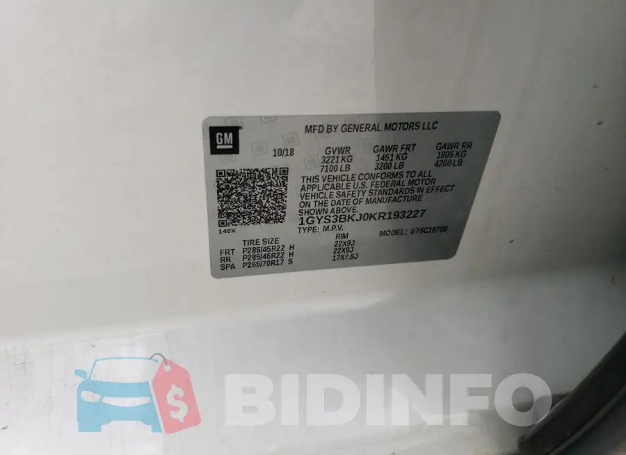 1GYS3BKJ0KR193227 Photo# 13