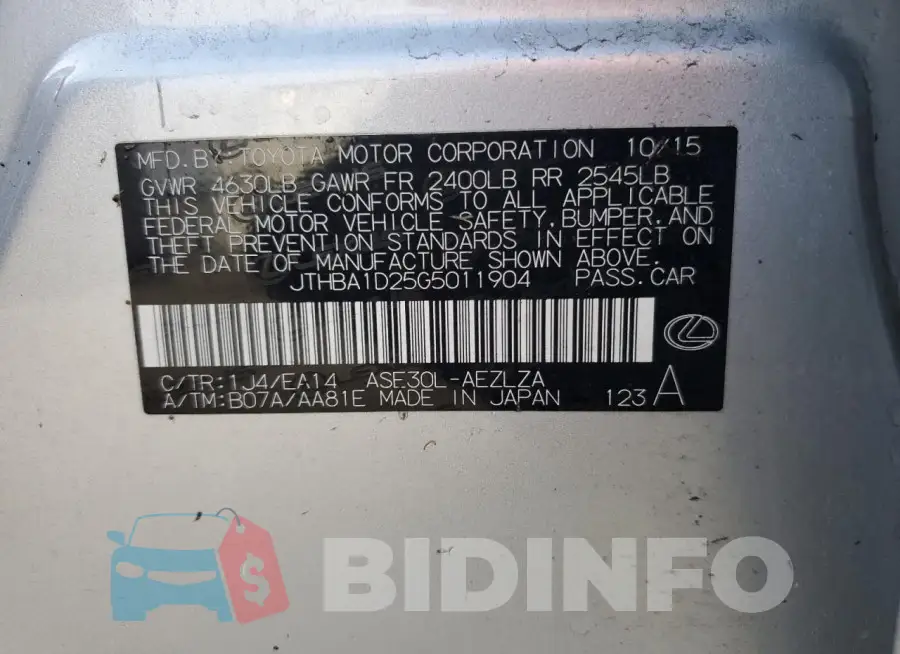 JTHBA1D25G5011904 Photo# 13