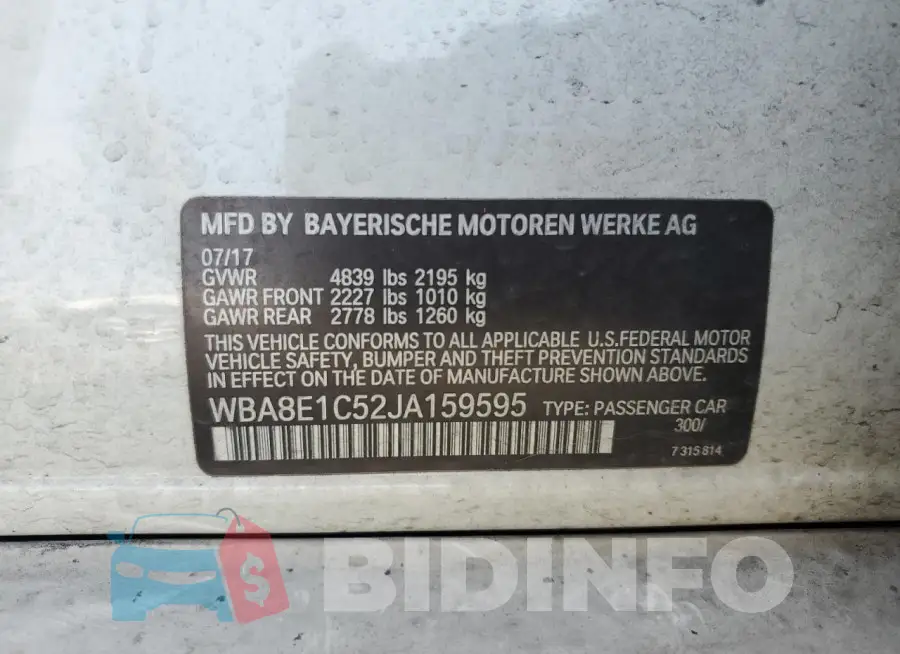 WBA8E1C52JA159595 Photo# 12