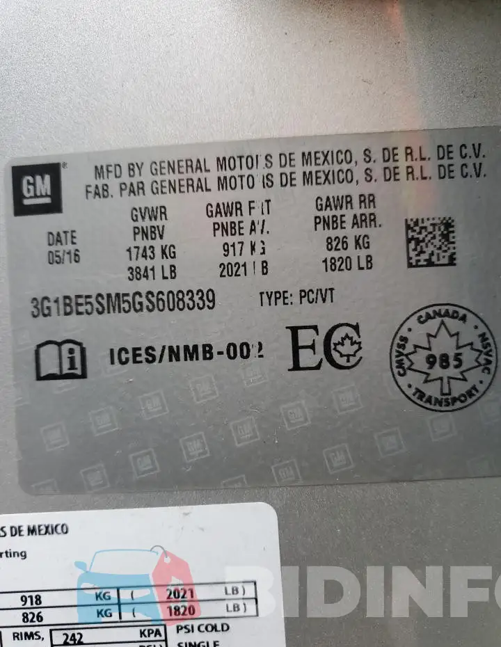 3G1BE5SM5GS608339 Photo# 12