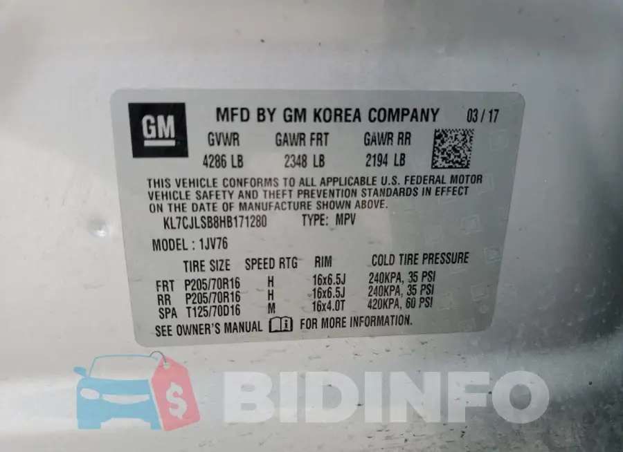 KL7CJLSB8HB171280 Photo# 13