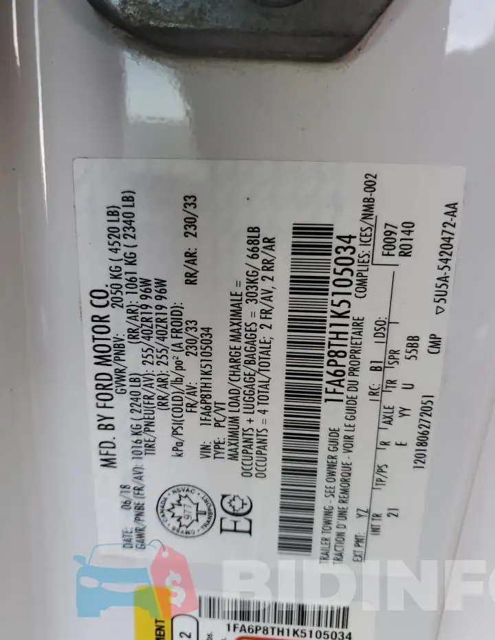 1FA6P8TH1K5105034 Photo# 13