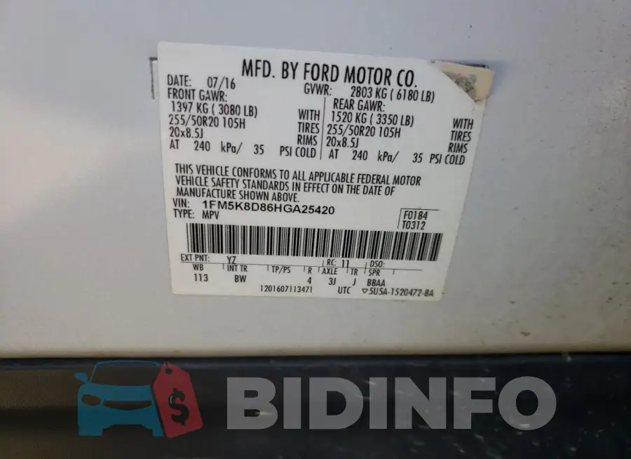 1FM5K8D86HGA25420 Photo# 13