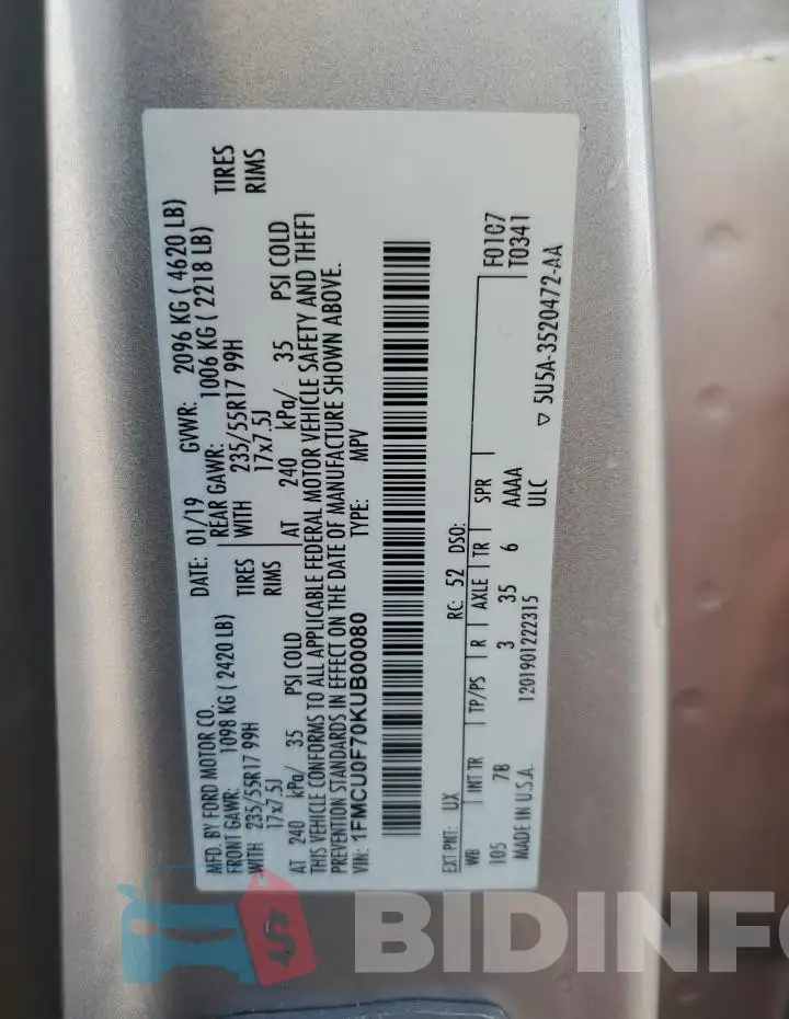 1FMCU0F70KUB00080 Photo# 13