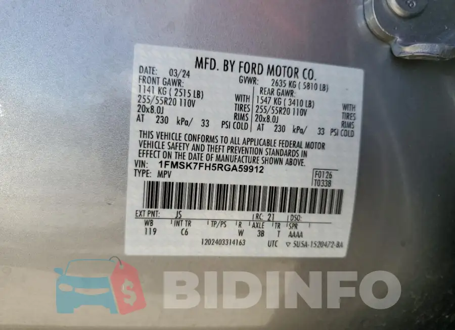 1FMSK7FH5RGA59912 Photo# 13