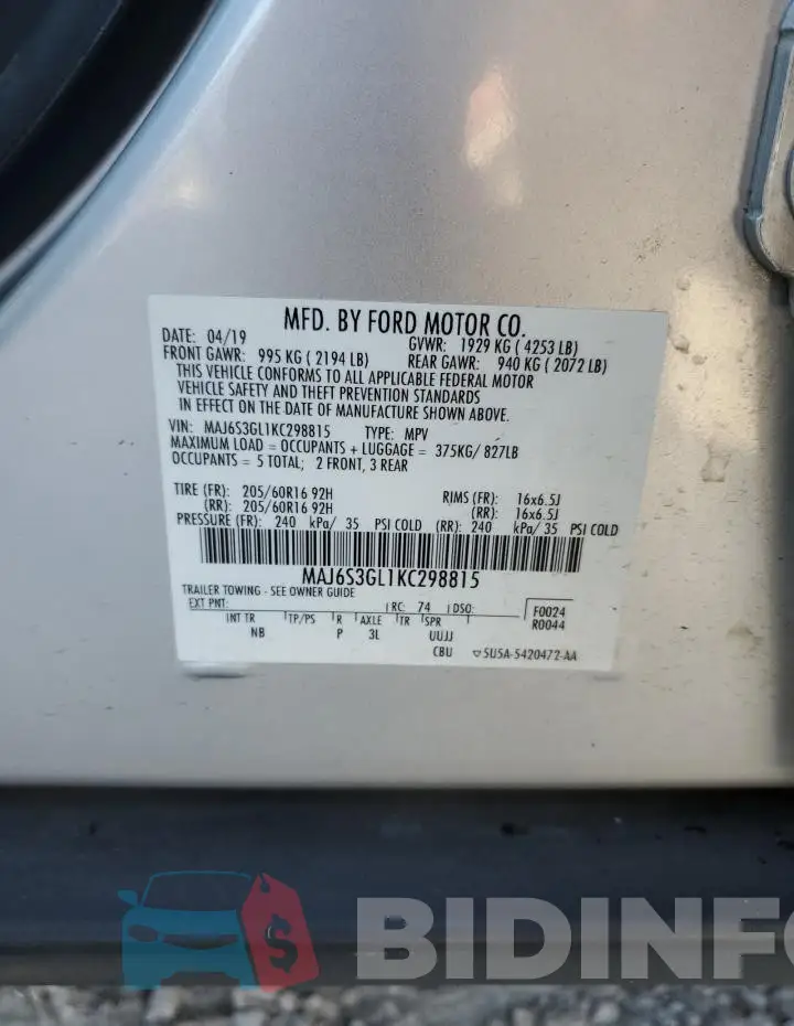 MAJ6S3GL1KC298815 Photo# 13