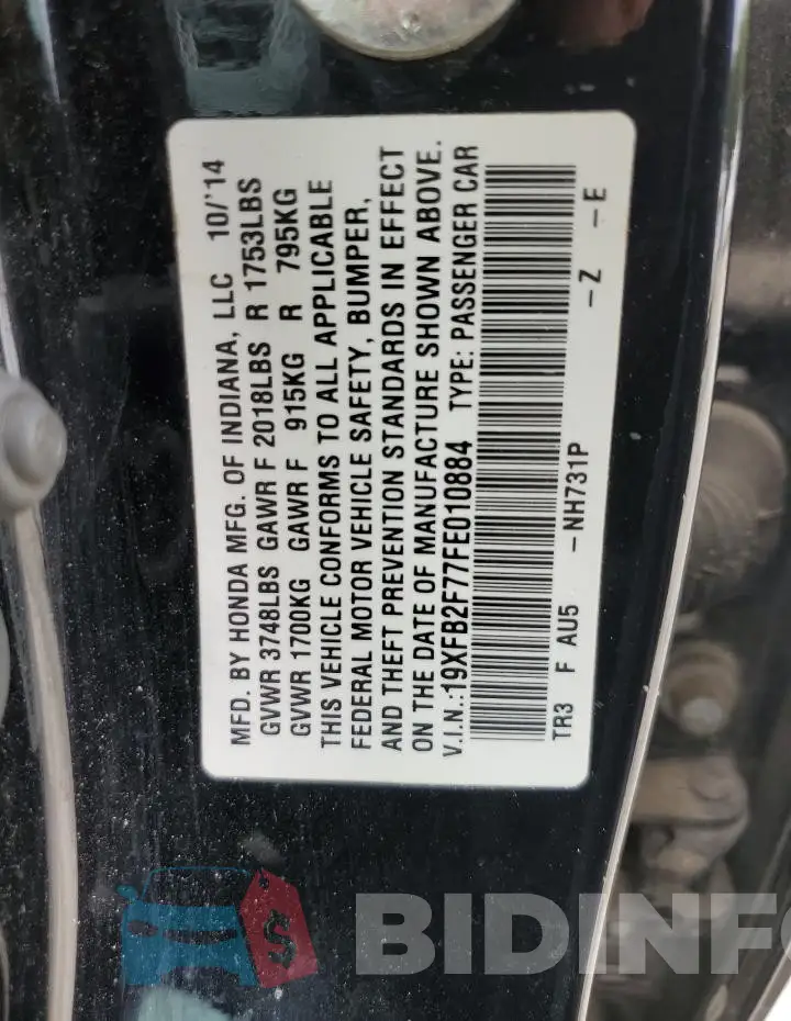 19XFB2F77FE010884 Photo# 12