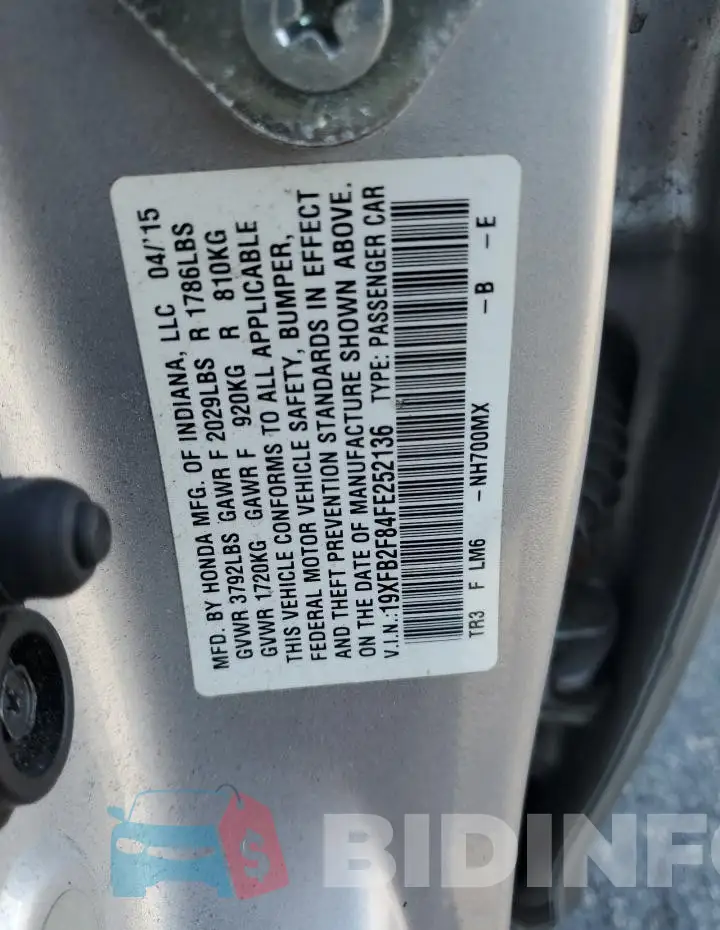 19XFB2F84FE252136 Photo# 13