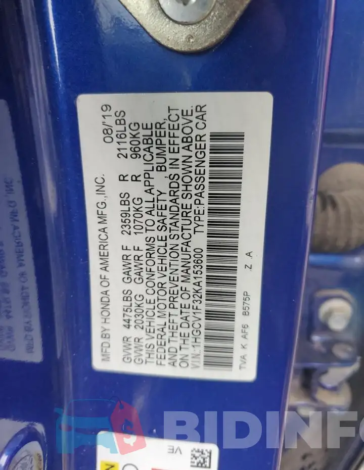 1HGCV1F32KA153600 Photo# 12