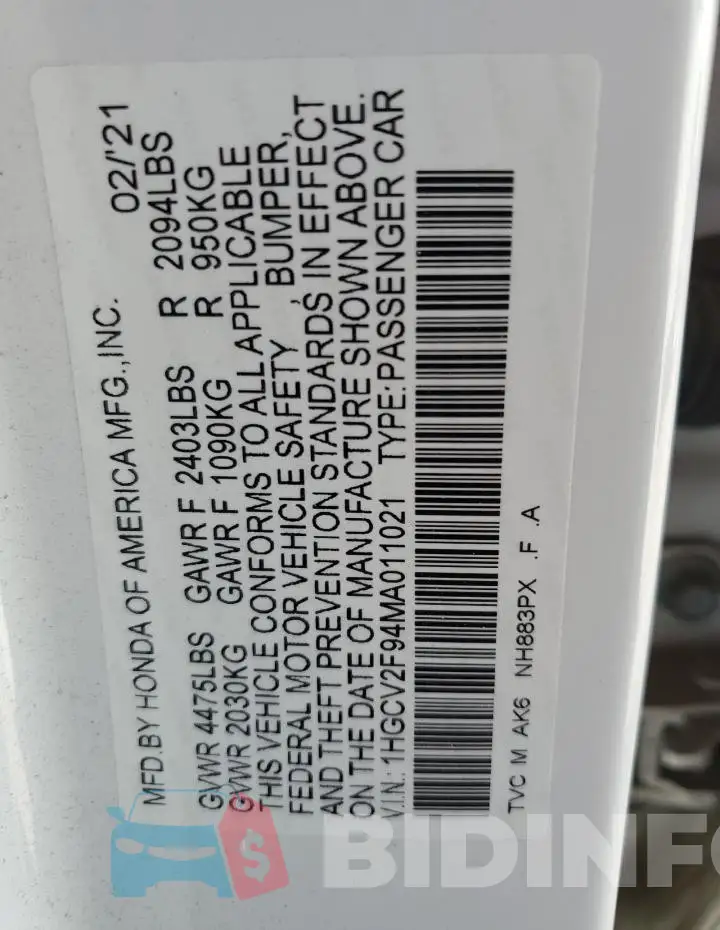 1HGCV2F94MA011021 Photo# 12