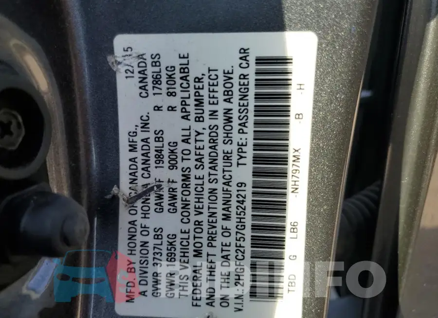 2HGFC2F57GH524219 Photo# 12