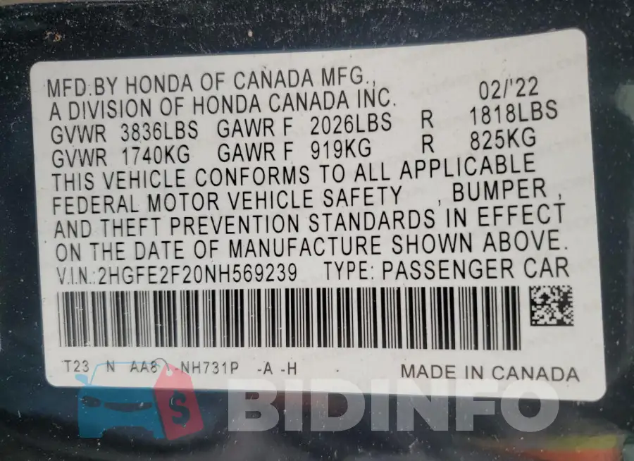 2HGFE2F20NH569239 Photo# 13