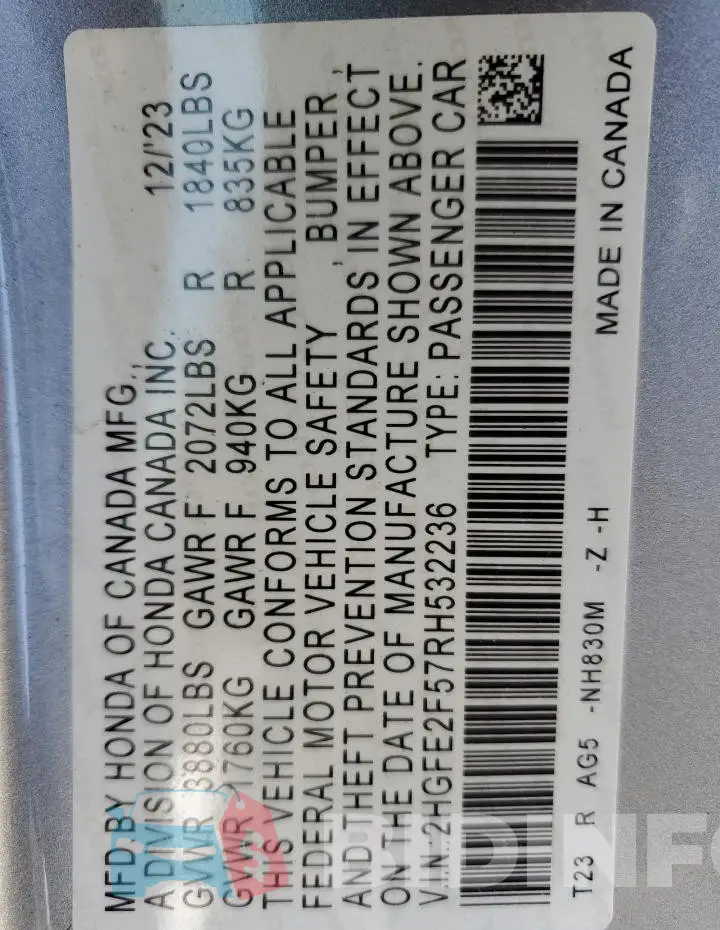 2HGFE2F57RH532236 Photo# 12