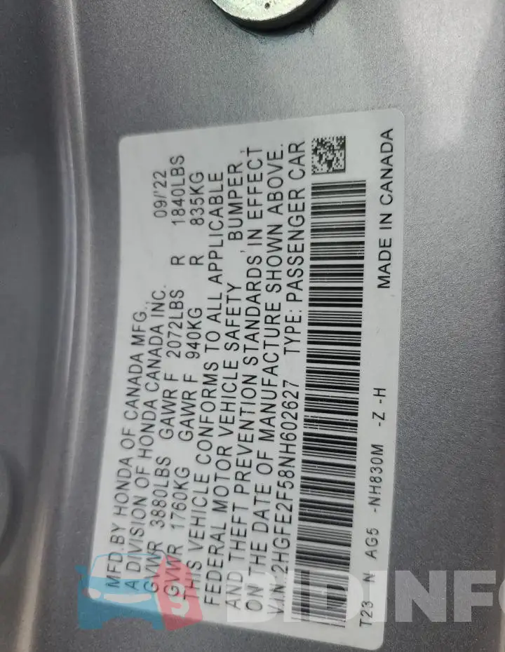 2HGFE2F58NH602627 Photo# 12