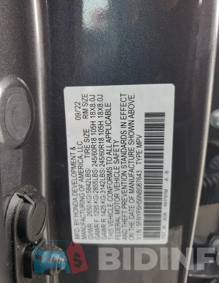 5FNYF6H56NB087643 Photo# 13