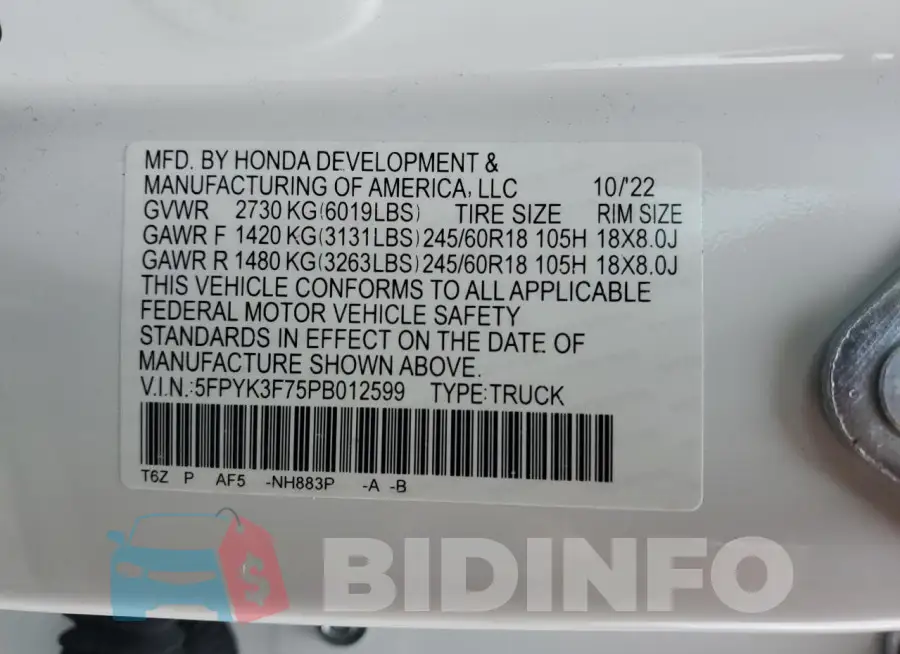 5FPYK3F75PB012599 Photo# 13