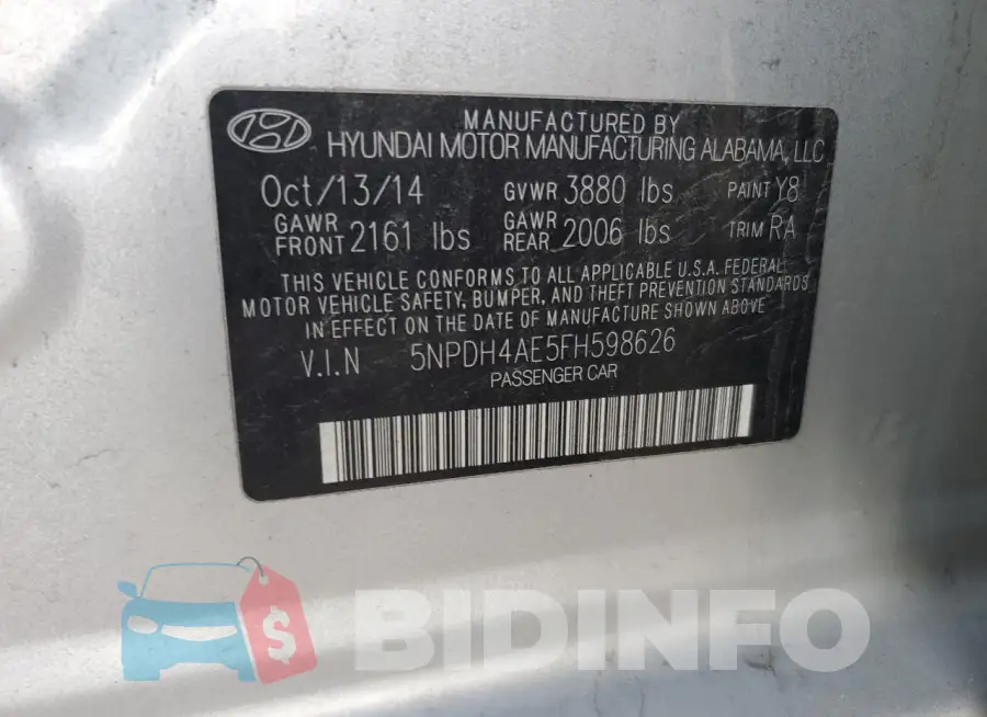 5NPDH4AE5FH598626 Photo# 12