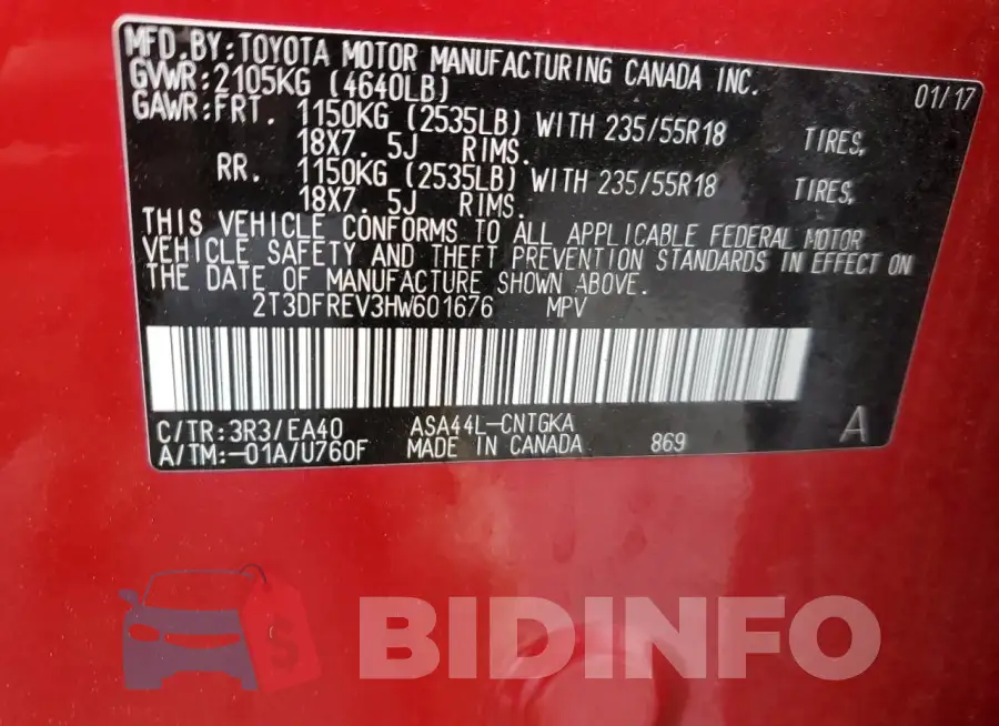 2T3DFREV3HW601676 Photo# 13