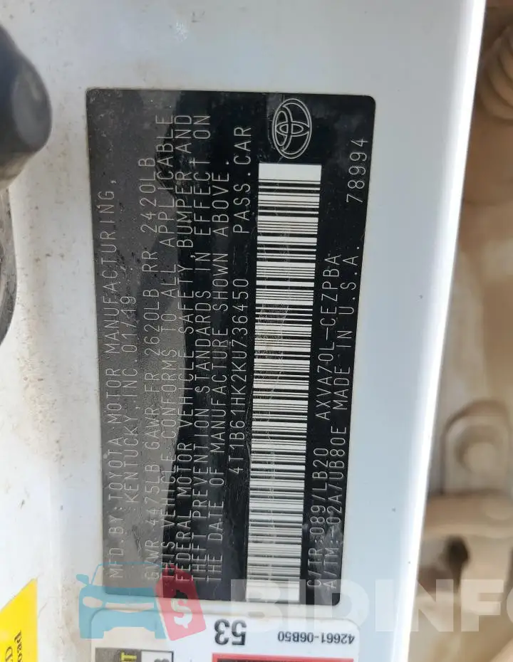 4T1B61HK2KU736450 Photo# 12