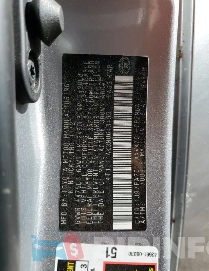 4T1C11AK3NU643499 Photo# 12