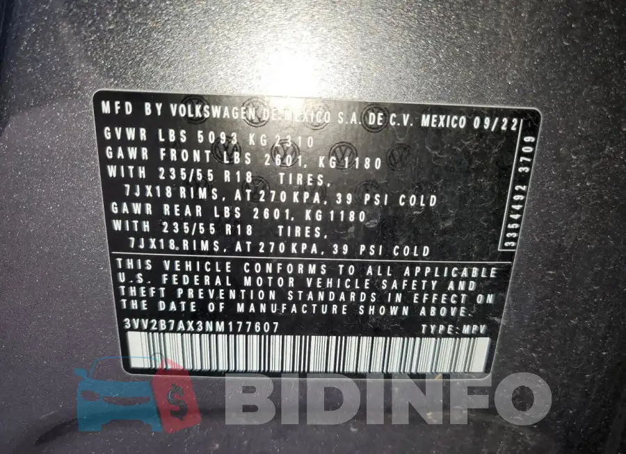 3VV2B7AX3NM177607 Photo# 14