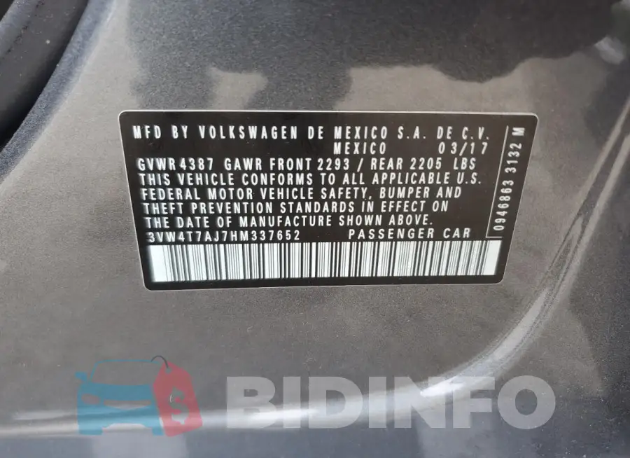 3VW4T7AJ7HM337652 Photo# 12