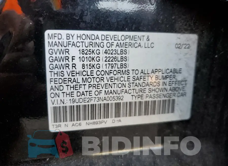 19UDE2F73NA005392 Photo# 12