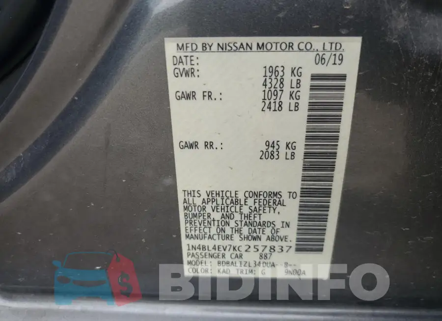 1N4BL4EV7KC257837 Photo# 12