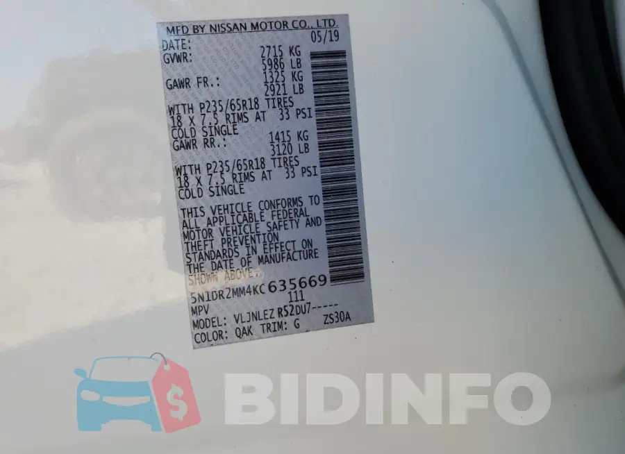 5N1DR2MM4KC635669 Photo# 13