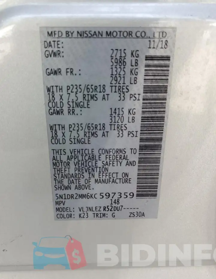 5N1DR2MM6KC597359 Photo# 13
