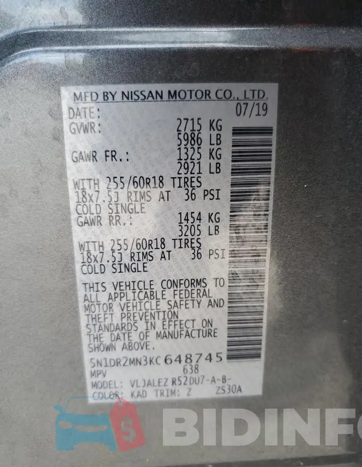5N1DR2MN3KC648745 Photo# 14
