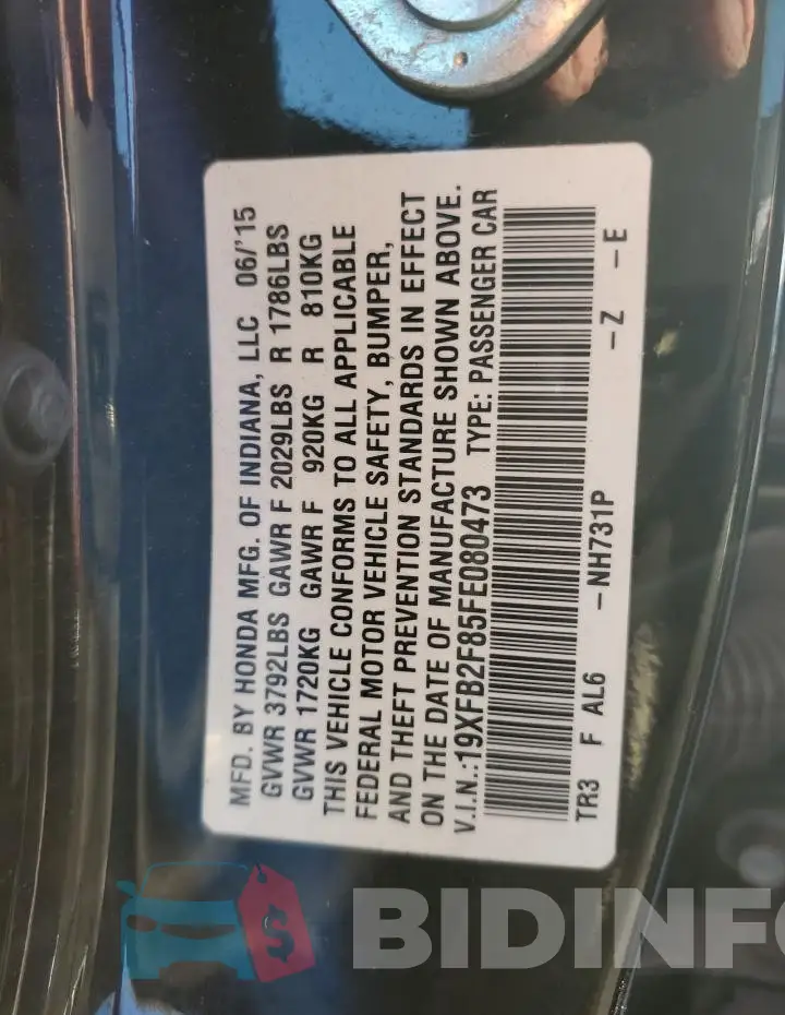 19XFB2F85FE080473 Photo# 12