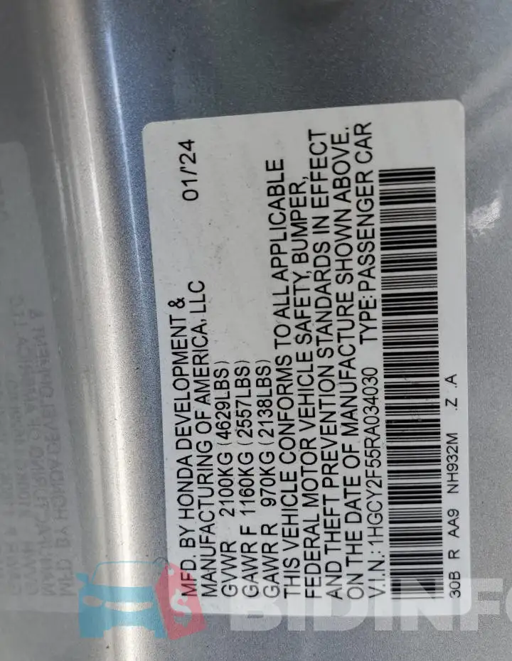 1HGCY2F55RA034030 Photo# 12