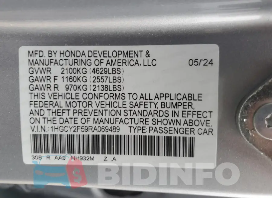 1HGCY2F59RA069489 Photo# 12