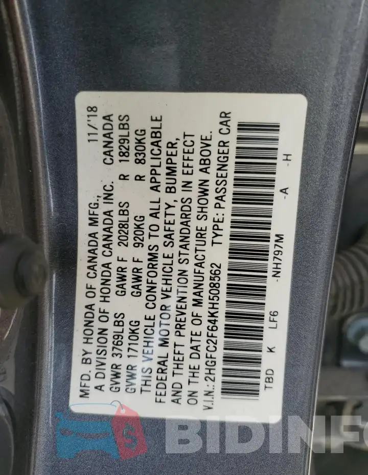 2HGFC2F64KH508562 Photo# 12