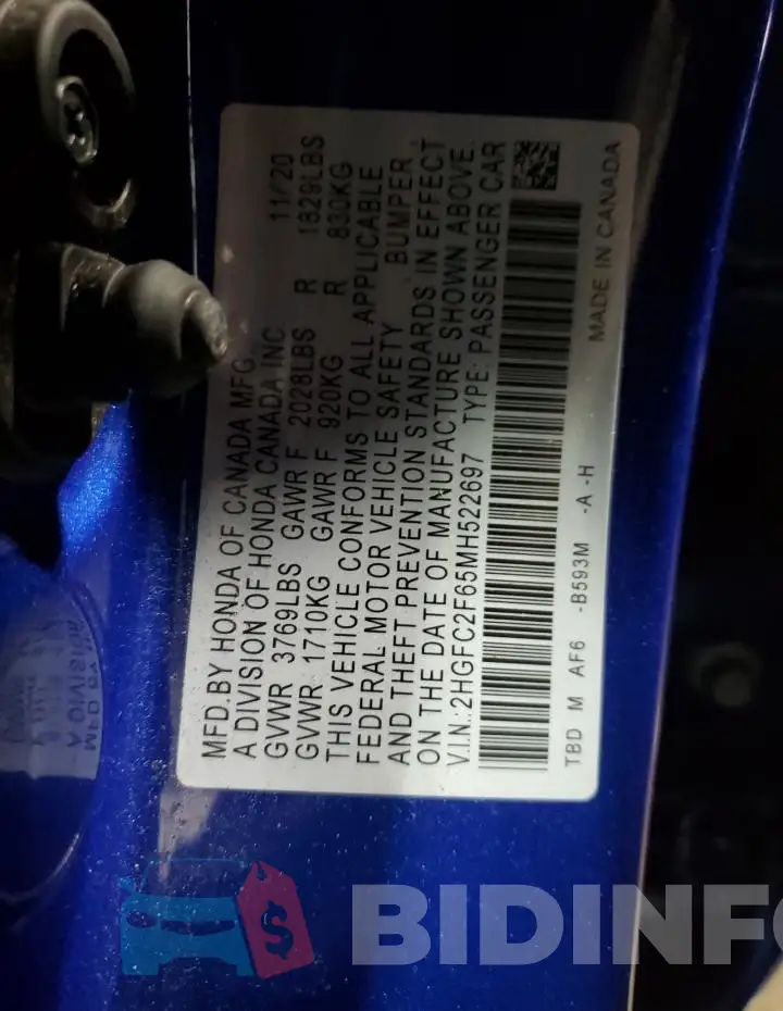 2HGFC2F65MH522697 Photo# 12