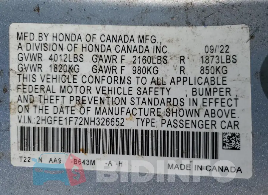 2HGFE1F72NH326652 Photo# 12