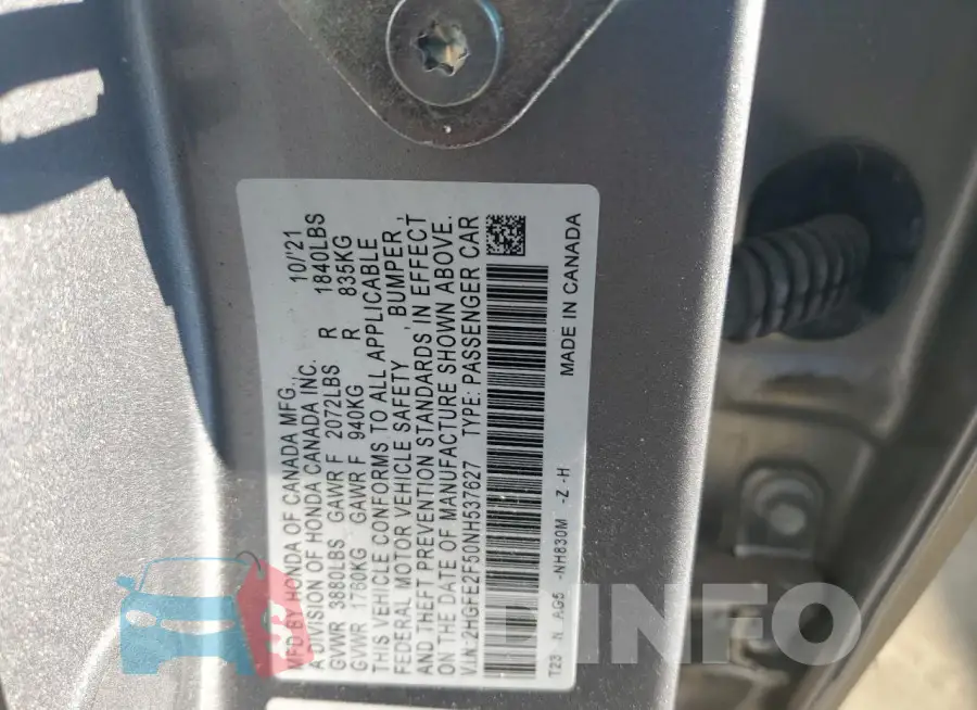 2HGFE2F50NH537627 Photo# 12