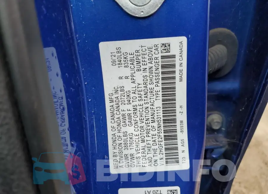2HGFE2F55NH531113 Photo# 13