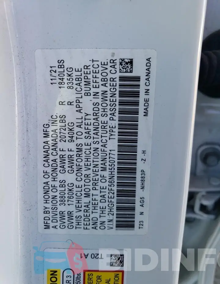 2HGFE2F56NH550771 Photo# 13