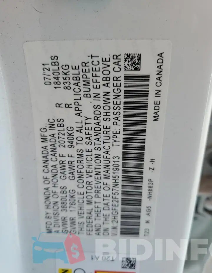 2HGFE2F57NH519013 Photo# 12