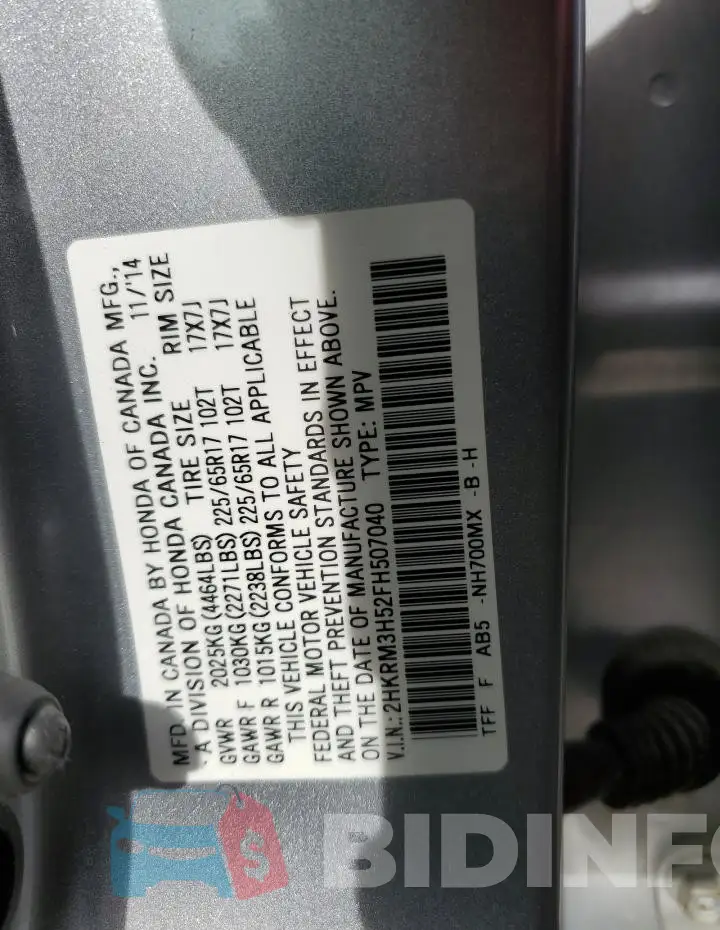 2HKRM3H52FH507040 Photo# 13
