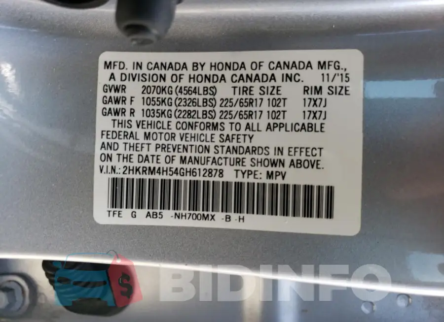 2HKRM4H54GH612878 Photo# 13