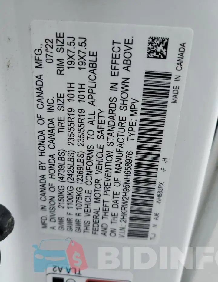 2HKRW2H95NH658976 Photo# 14