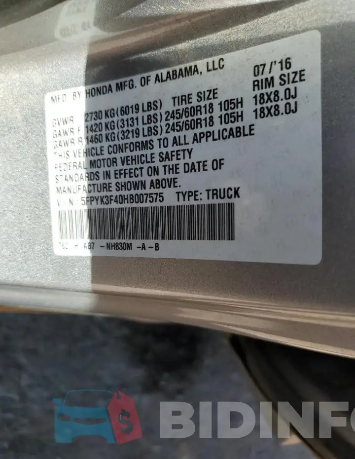 5FPYK3F40HB007575 Photo# 13